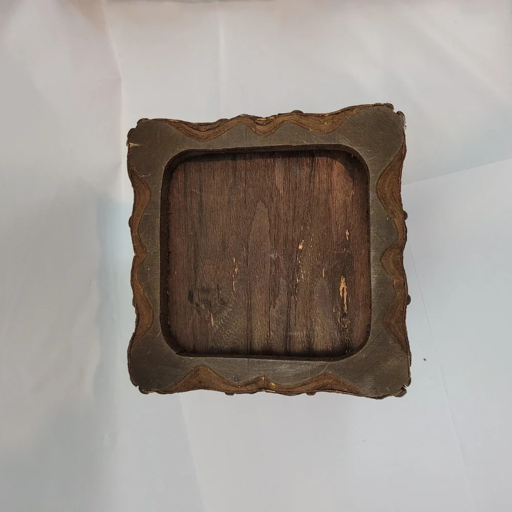 Vintage Decorative Keepsake Box Brown Floral Embossed Bamboo Trim Flared